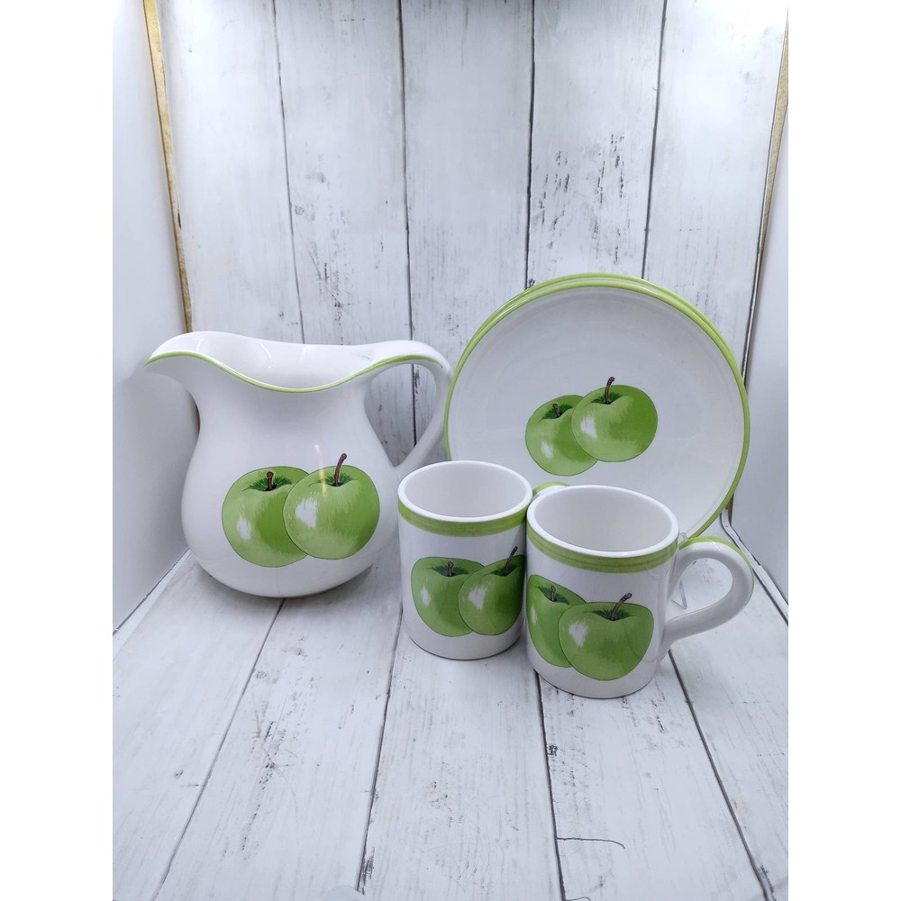 Vintage ESTE Green Apple Pitcher Mugs & Plates Set of 5 Made in Italy